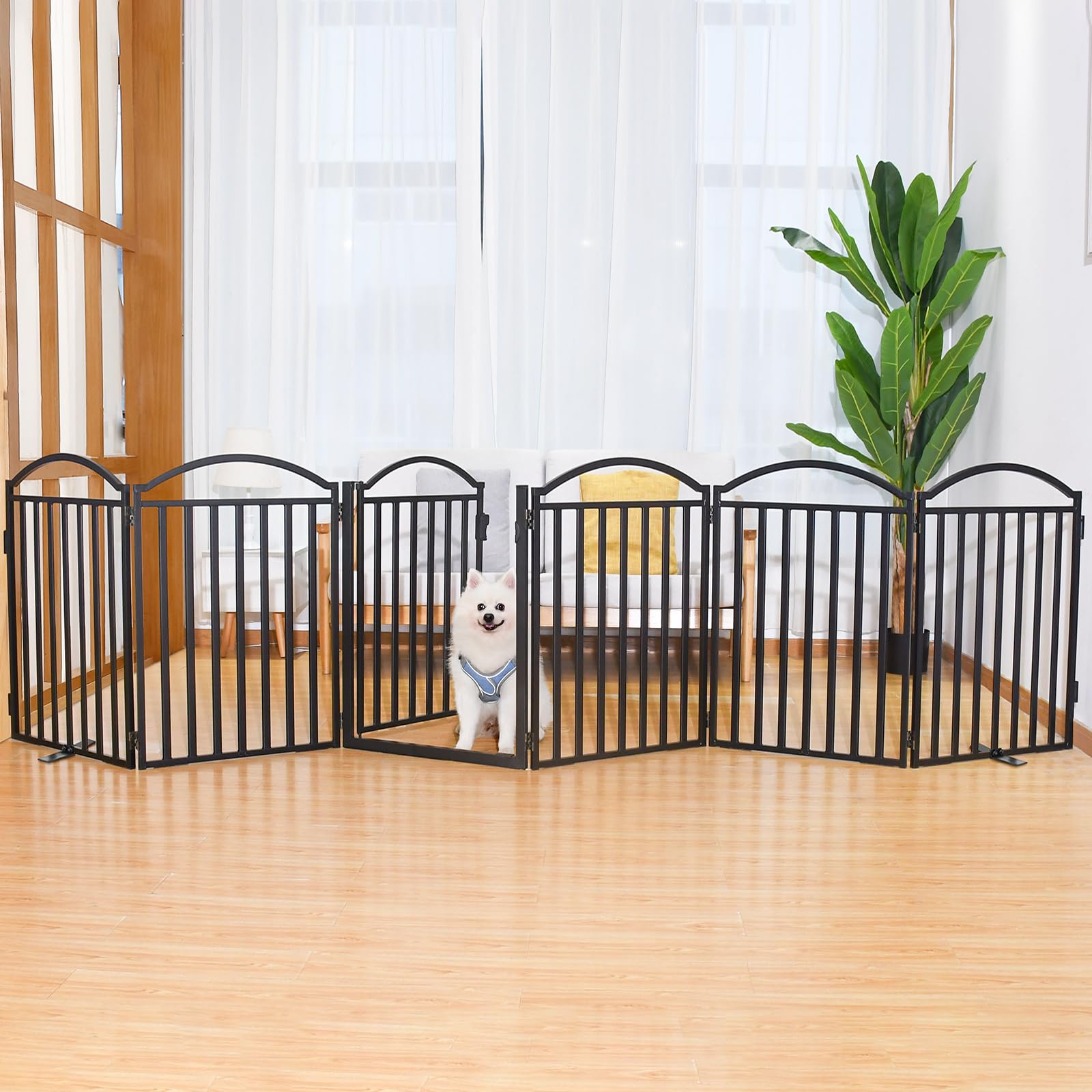 Malier 32'' Tall Freestanding Dog Gate with Door - Extra Wide Foldable Metal Pet Fence for Indoor & Outdoor Use - Black 6-Panel Puppy Barrier for Stairs, Hallways, Doorways, Yards - Perfect for Home Safety and Pet Containment