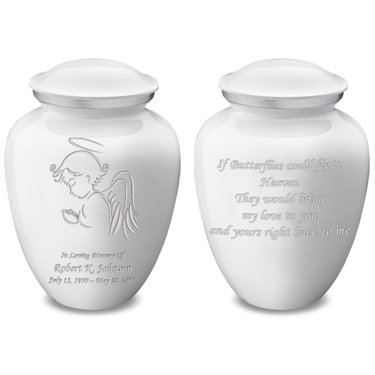 Personalized Angel Cremation Urn for Human Ashes - Large White Funeral Urn for Adults with Double Side Engraving (Holds 200 lbs) - Perfect for Memorial Services & Home Display