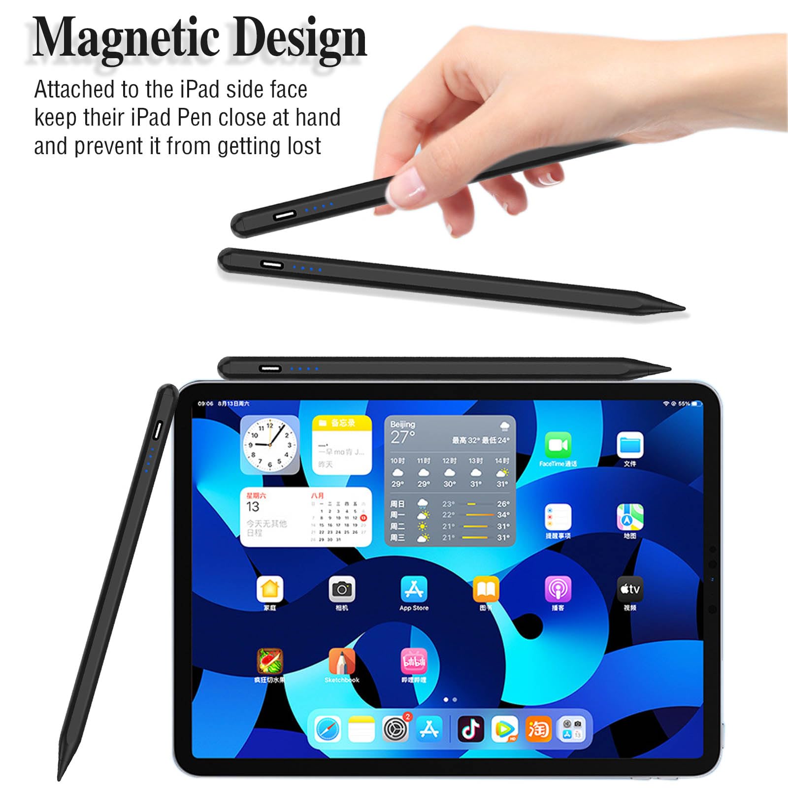 Rechargeable Active Stylus Pen for iPad Pro/Air/Mini & iPhone - POM Tip Magnetic Touch Screen Stylus with Precision Control - Perfect for Drawing, Note-Taking & Digital Art (Black)