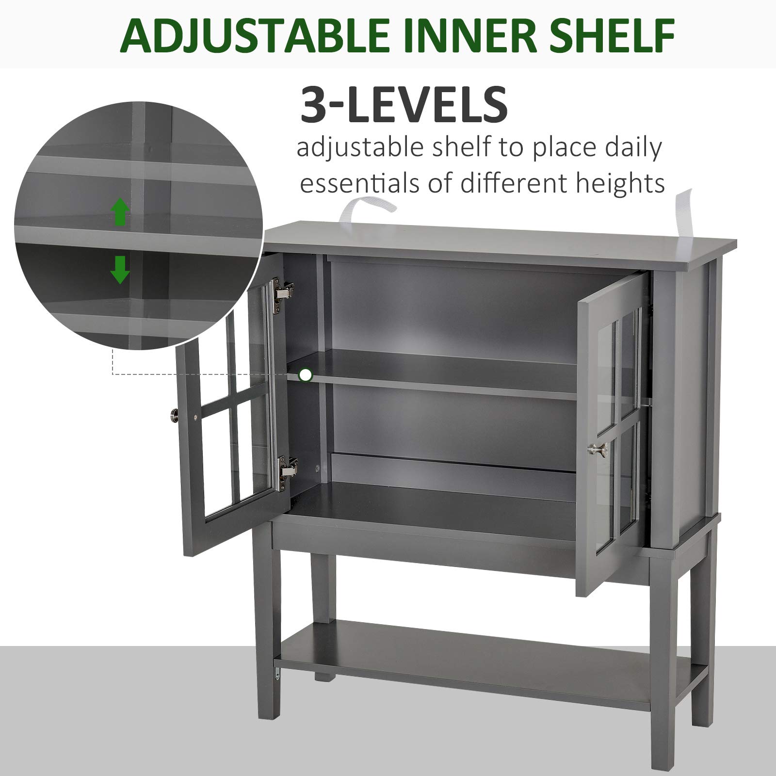 HOMCOM Modern Grey Coffee Bar Cabinet with 2 Glass Doors - Adjustable Shelves Kitchen Buffet Sideboard for Dining Room, Living Room & Home Bar Storage