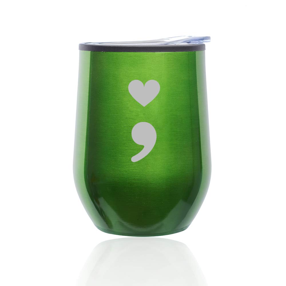 Stemless Wine Tumbler with Lid - 16oz Insulated Coffee Travel Mug Glass - Heart & Semicolon Design (Green) - Perfect for Hot/Cold Drinks, Office, Picnics & Gifts