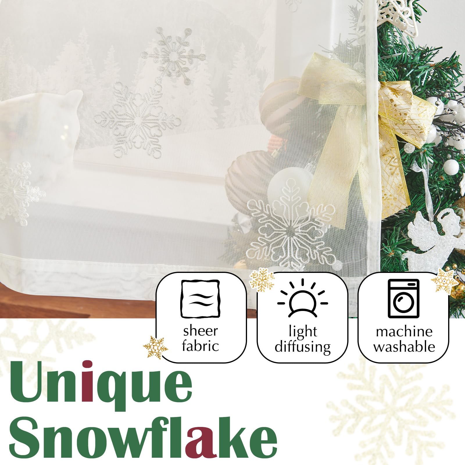 Jinchan White Sheer Curtains 24 Inch - Snowflake Embroidered Voile Tier Drapes for Kitchen, Bathroom, Bedroom & RV - Winter Holiday Decor with Rod Pocket (2 Panels) - Perfect for Small Windows, Cafe Style & Seasonal Home Decor