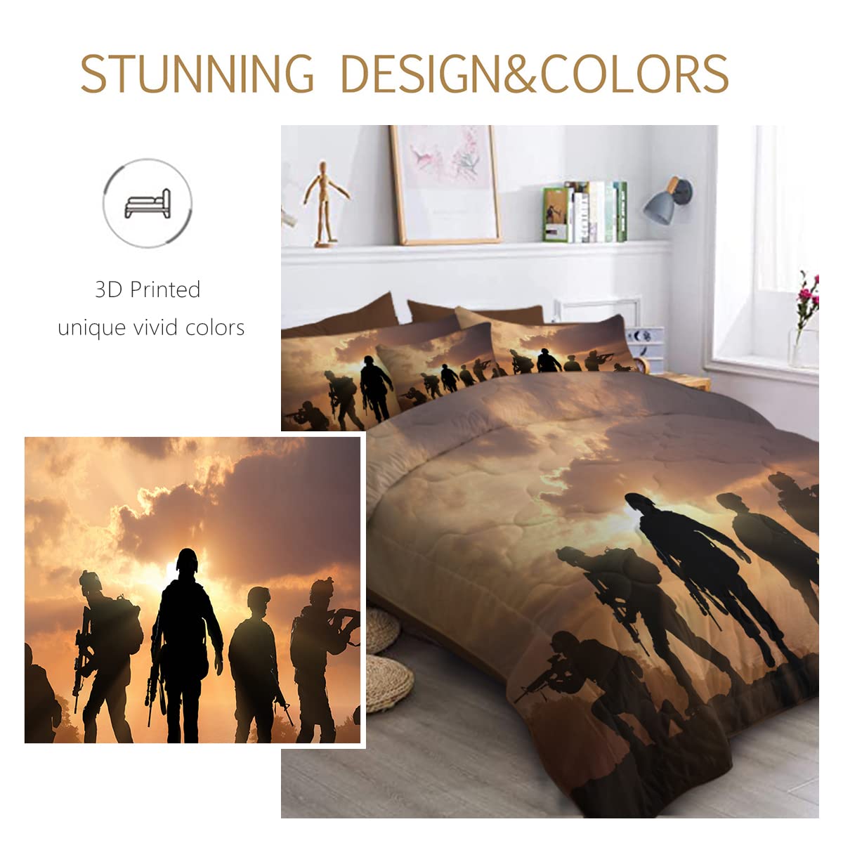BlessLiving Soldier Comforter Set - 8 Piece Military Themed King Size Bedding Set with Comforter, Sheets, Pillowcases, Shams & Cushion Cover (Orange & Grey) - Perfect for Army Enthusiasts, Military Decor, and War Movie Themed Bedrooms