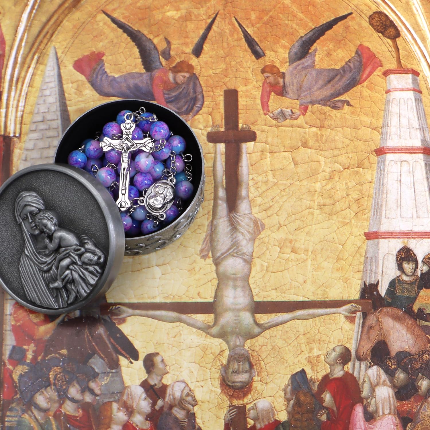 Blue Crystal Rosary Beads for Women - Catholic Prayer Necklace with Vintage Last Supper Jewelry Box - Anglican Christian Gift for Baptism, First Communion & Daily Devotion