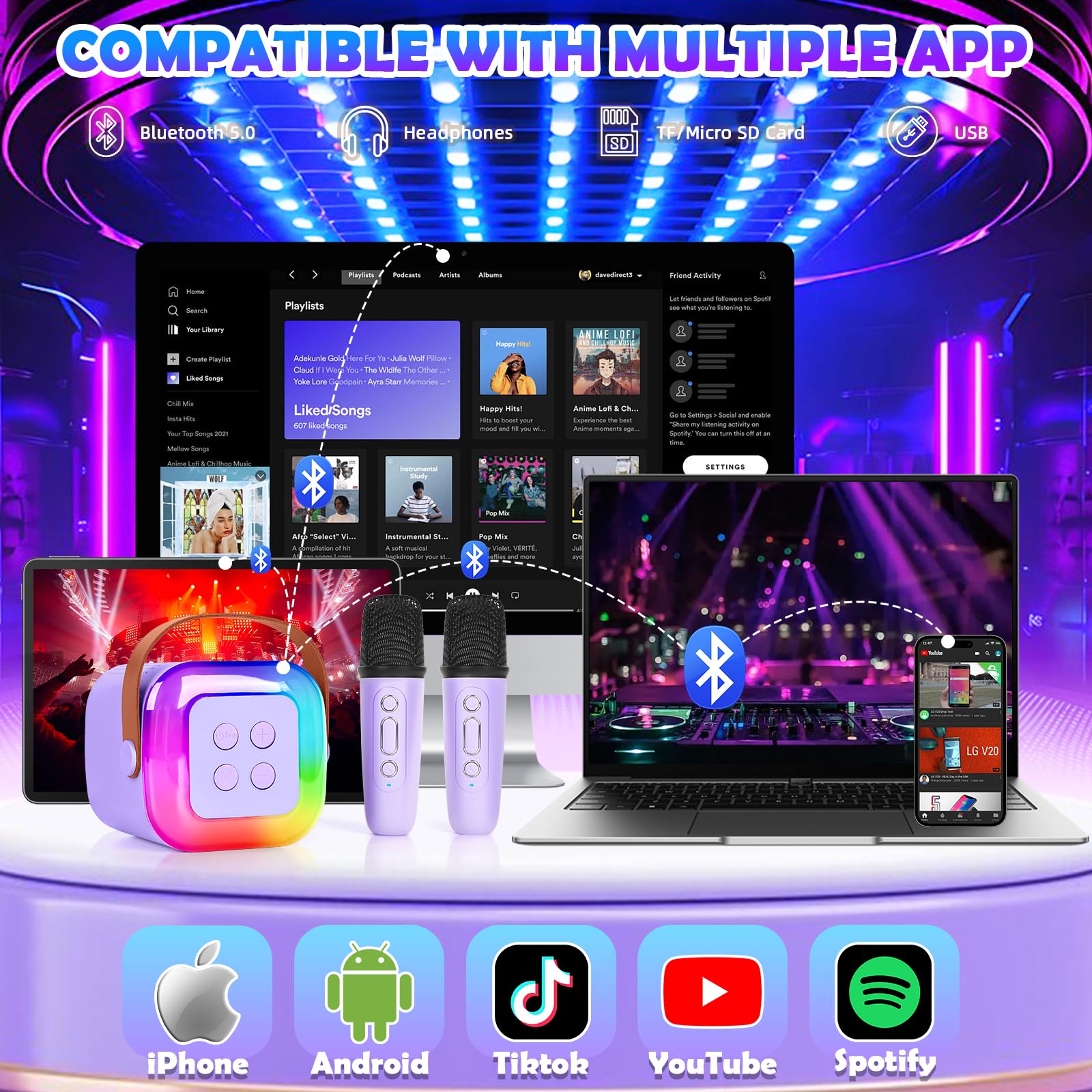 Portable Bluetooth Karaoke Machine for Kids with 2 Wireless Microphones & LED Lights - Mini Singing Speaker Toy Gift for Girls Boys Ages 4-11 - Perfect for Home, Birthday Parties, Travel & Family Fun