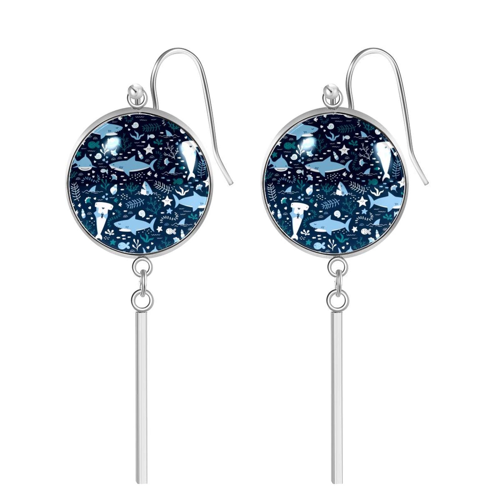 Ocean Shark Blue Glass Dangle Drop Earrings for Women - Stainless Steel Circle Hoop Earrings with Vertical Bar - Trendy Fashion Jewelry Gift for Her - Perfect for Parties, Weddings & Everyday Wear