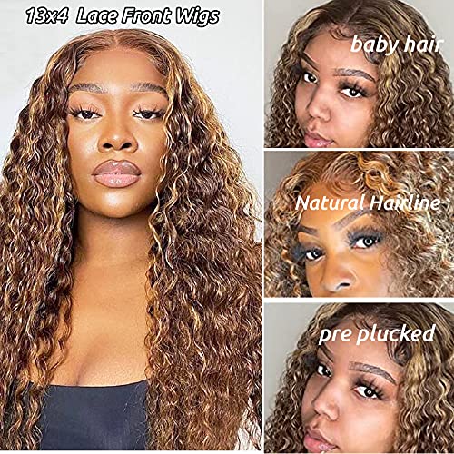 Smavida Ombre 13x4 HD Lace Front Wigs Human Hair - Pre Plucked 4/27 Honey Blonde Highlight Water Wave Lace Frontal Wig for Women - 180% Density Deep Curly Glueless Human Hair Wig for Daily Wear & Special Occasions