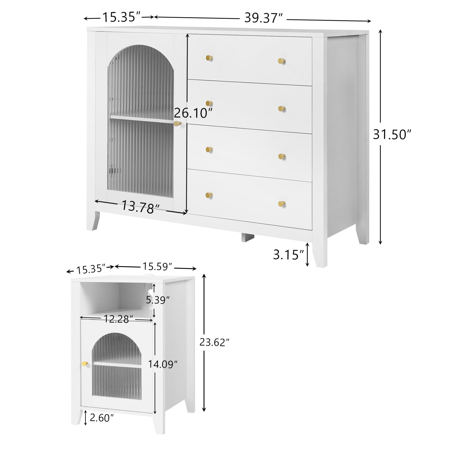 ENSTVER 3-Piece White Bedroom Set with Dresser & Nightstands - 4-Drawer Fluted Glass Door Chest & USB Charging Nightstands | Modern Bedroom Furniture for Master Bedroom, Guest Room, or Apartment