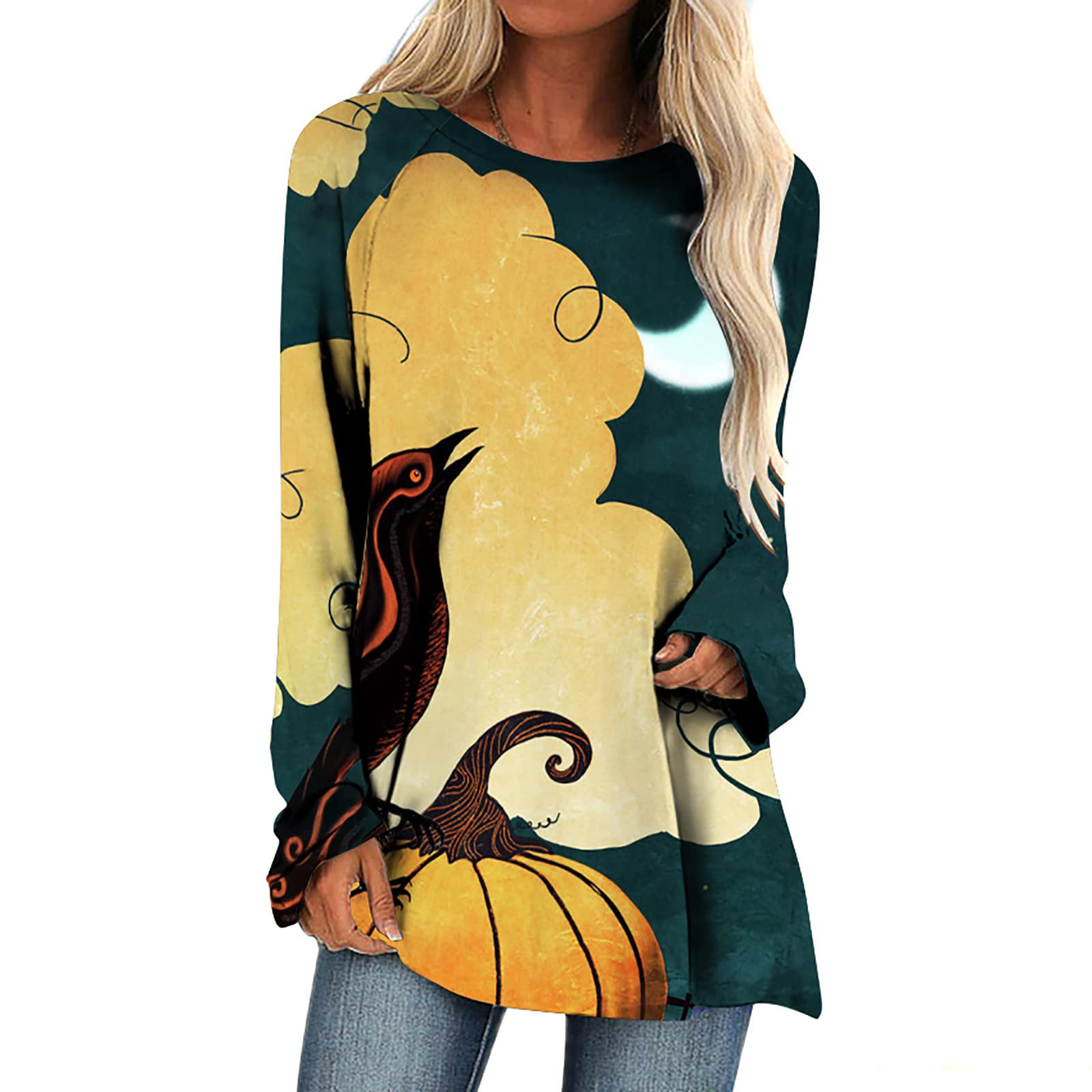 Women's Halloween Print Crewneck T-Shirt - Long Sleeve Casual Loose Fit Blouse Top for Fall Festivities & Everyday Wear