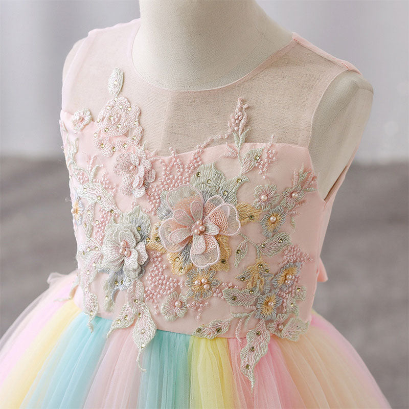 Pink Lace Tulle A-Line Flower Girl Dress - Sleeveless Tea-Length Party Gown for Weddings, Baptisms & Special Occasions