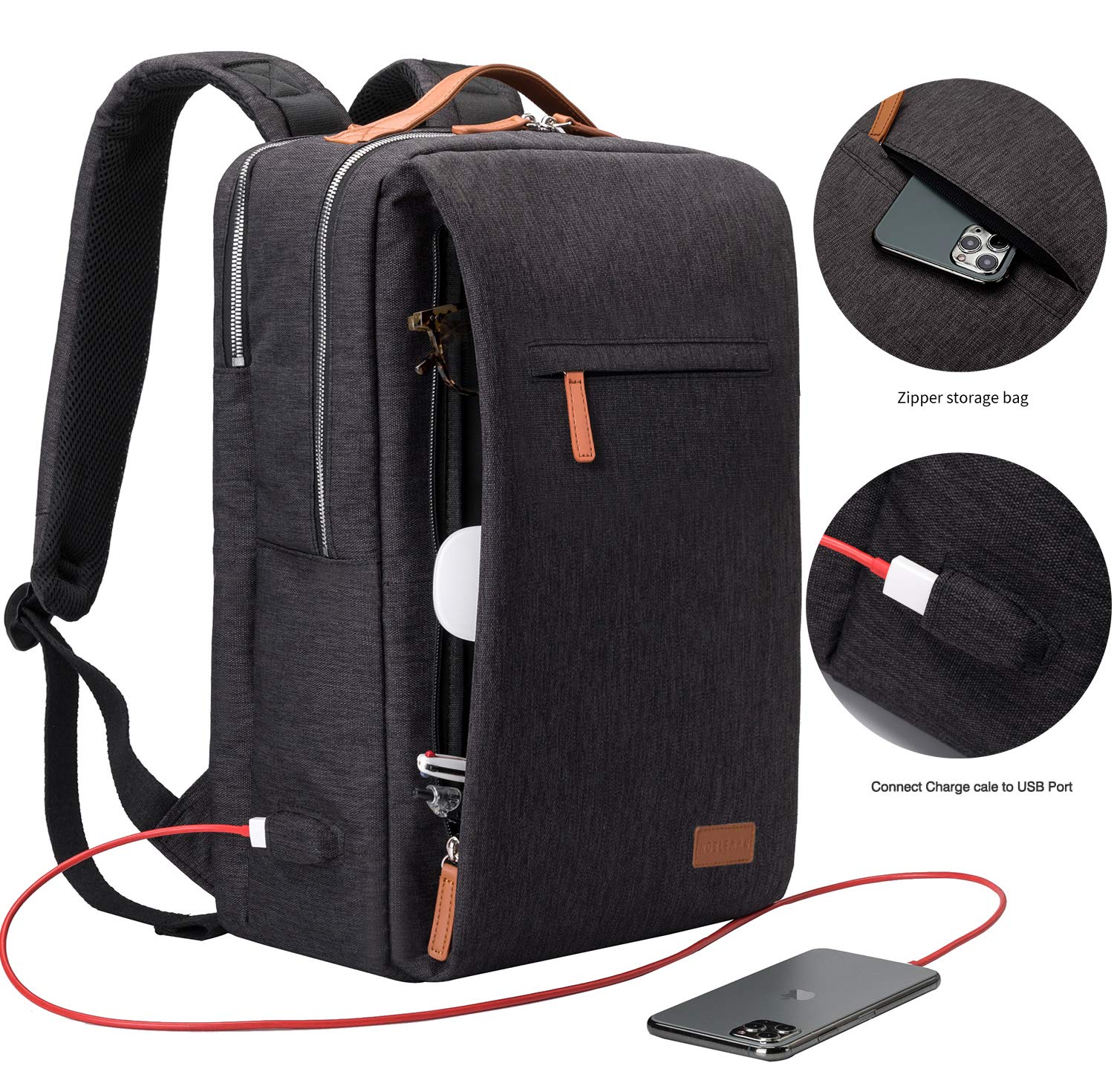 NOBLEMAN Men's Waterproof Travel Backpack - 15.6 Inch Laptop Backpack with USB Charging Port, Durable Carry On Daypack for Work, School & Outdoor Adventures (Black)