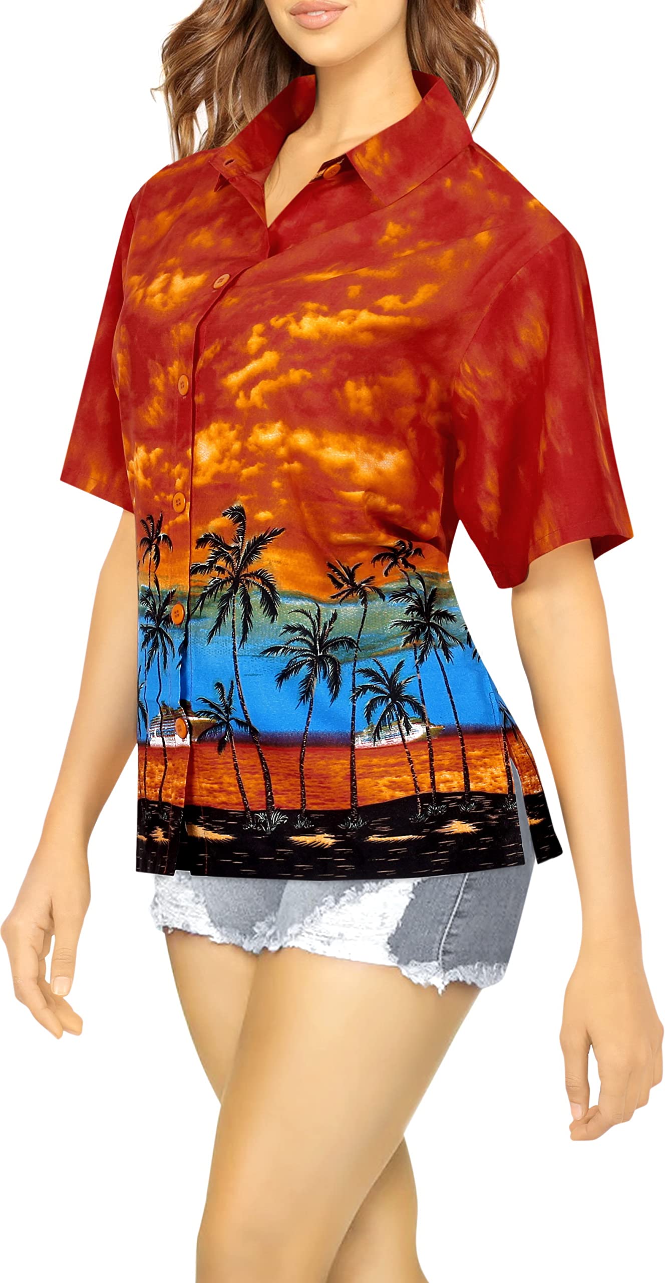 LA LEELA Women's Hawaiian Short Sleeve Beach Blouse - Floral Print Vacation Shirt for Summer, Pool Party & Tropical Getaway
