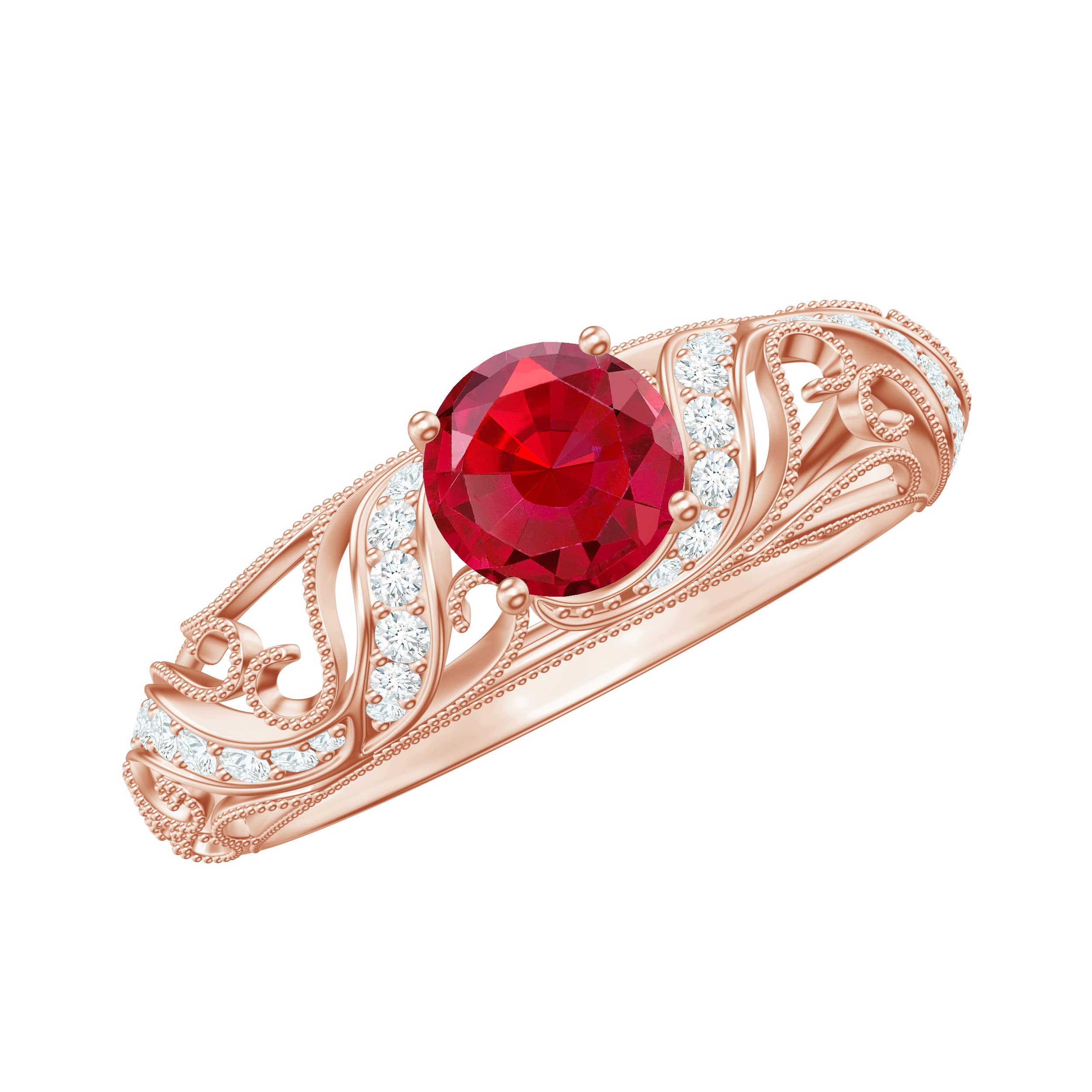 Lab Created Ruby Ring for Women - Vintage Style Moissanite Accent 14K Solid Gold Beaded Round Ring | Elegant Gift for Anniversary, Engagement & Special Occasions