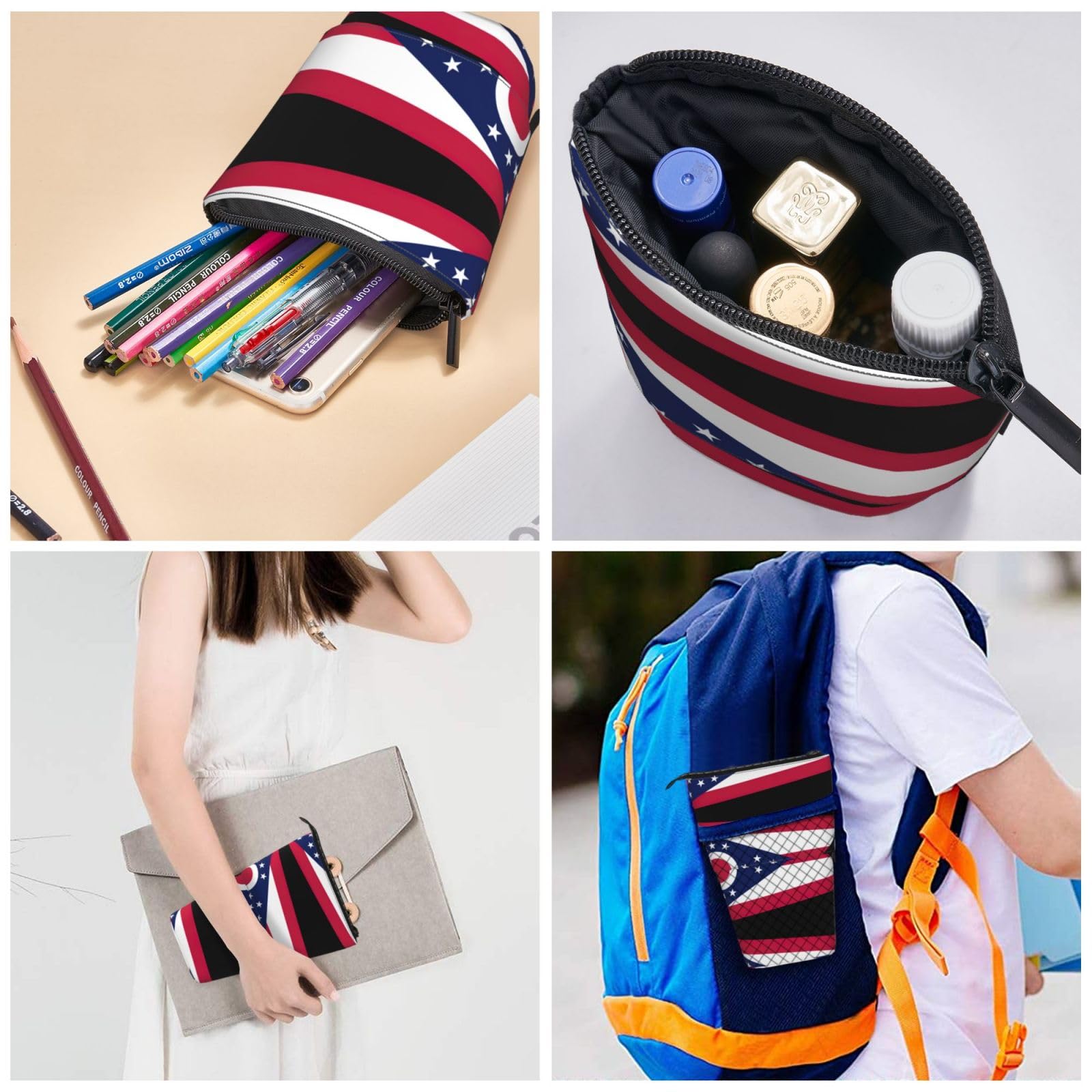 Ohio State Flag Print Zippered Pencil Case - Expandable Stationery Organizer for School, Office & Travel - Makeup Bag, Pen Holder, Pouch with Telescopic Design