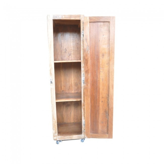 Solid Wood Tall Thin Cabinet with Fridge Doors - 1.65m Height, Wheels & Whitewash Finish | Perfect for Kitchen Storage, Pantry Organization & Small Space Living