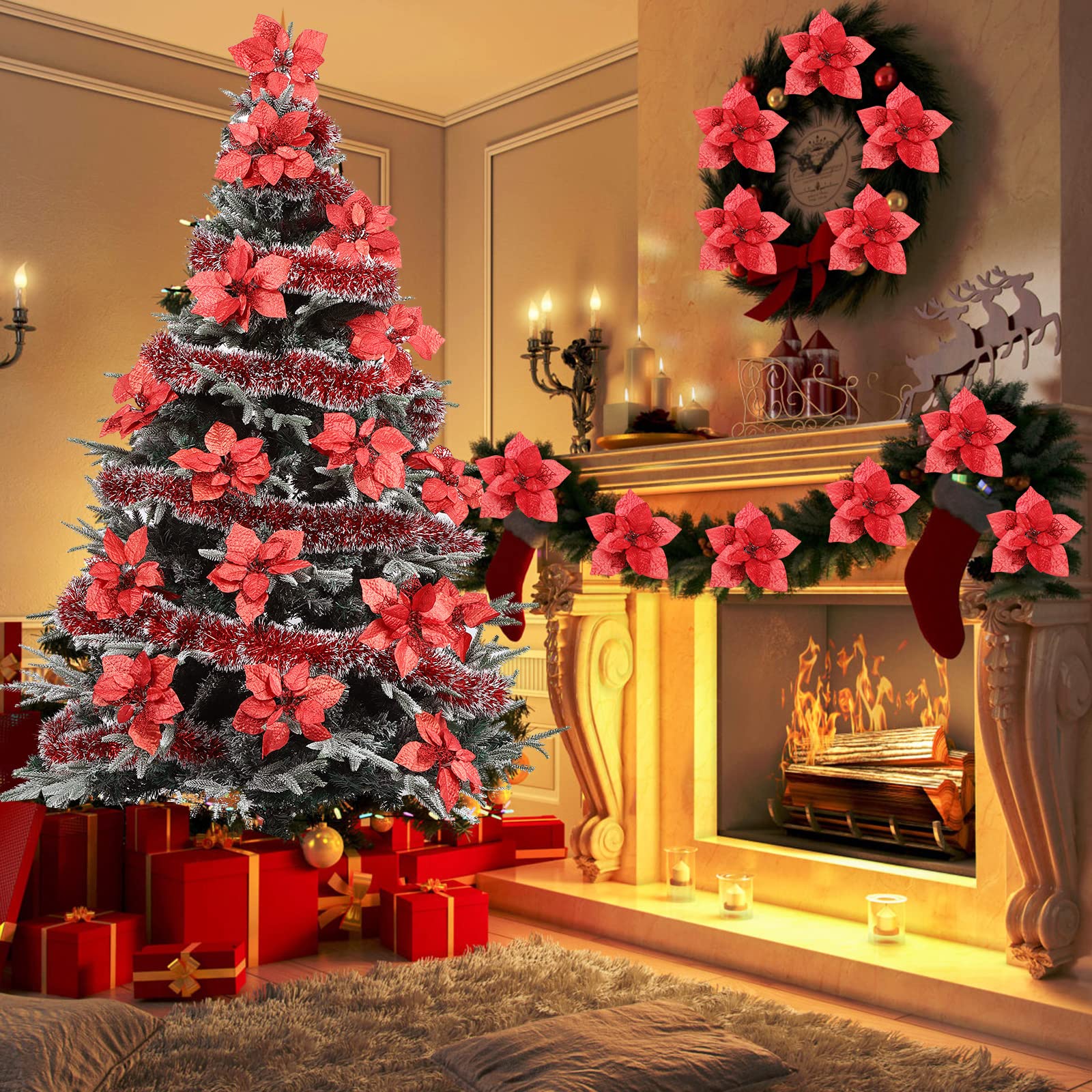 GARVEE 15-Piece Christmas Glitter Poinsettia Clips Set - 8.7inch/22cm Red Artificial Flowers for Holiday Wedding Home Decor - Perfect for Christmas Trees, Wreaths, Gifts & Festive Table Centerpieces