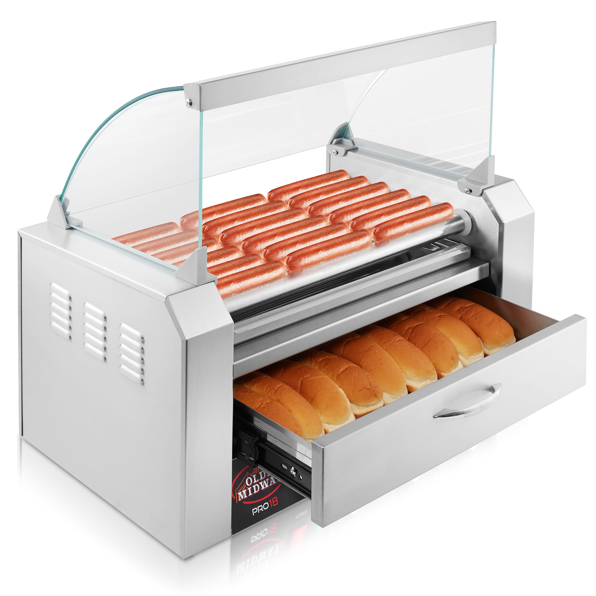 Olde Midway Electric 18 Hot Dog 7 Roller Grill Cooker Machine with Bun Warming Drawer & Cover - Commercial Grade Stainless Steel Hot Dog Roller for Restaurants, Carnivals & Concession Stands