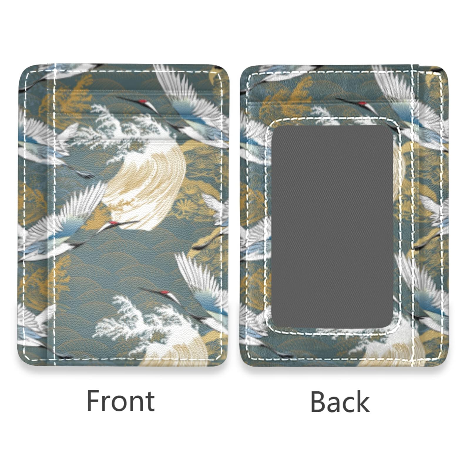 Japanese Traditional Crane Birds & Wave Minimalist RFID Leather Wallet - Asian Oriental Motif Slim Card Holder for Men & Women - Perfect for Travel, Office & Everyday Use