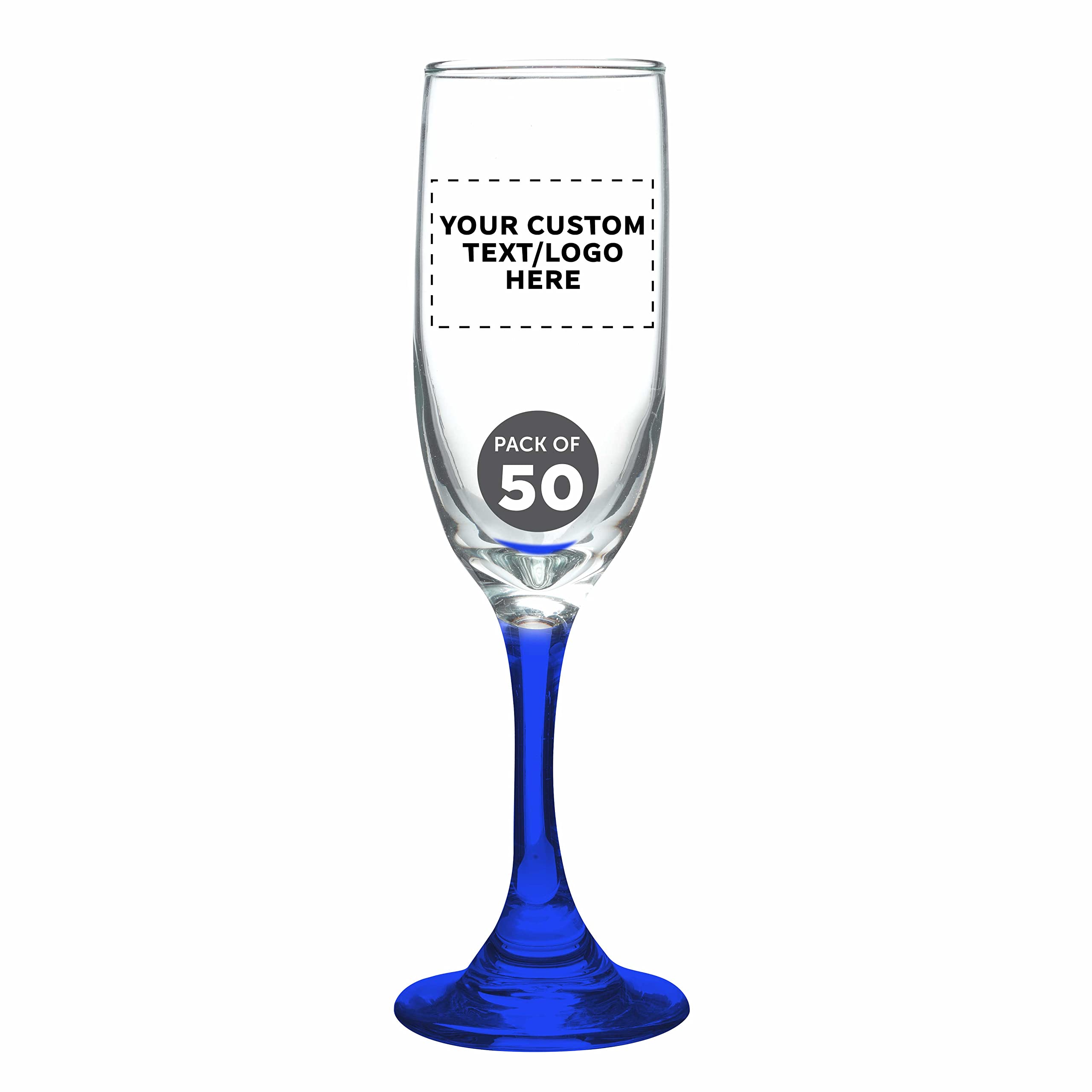 Personalized 6.25 oz Champagne Flutes Set of 50 - Custom Bulk Drinkware for Weddings, Corporate Events & Promotional Gifts - Elegant Blue Glassware - Perfect for Toasting, Celebrations & Brand Marketing