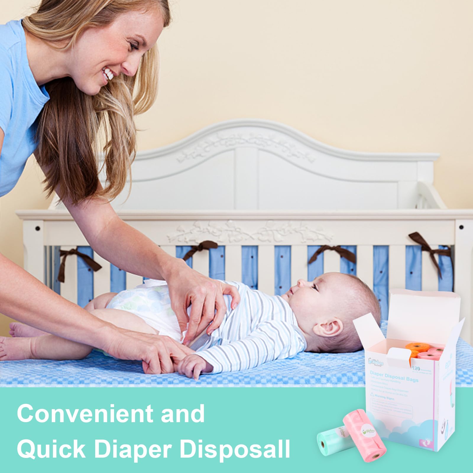 Disposable Diaper Bags for Baby - 8 Refill Rolls (120 Bags) with Dispenser | Convenient & Quick Diaper Disposal | Leak-Proof Poop Bags | Rainbow Colors | Perfect for Diaper Changes, Travel & On-the-Go Parents