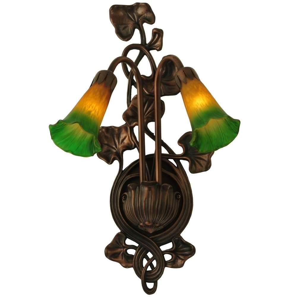 Meyda Tiffany 16573 Pond Lily 2-Light Wall Sconce - 11 Inch Wide Amber & Green Stained Glass Fixture - Perfect for Bedroom, Hallway, or Porch Lighting