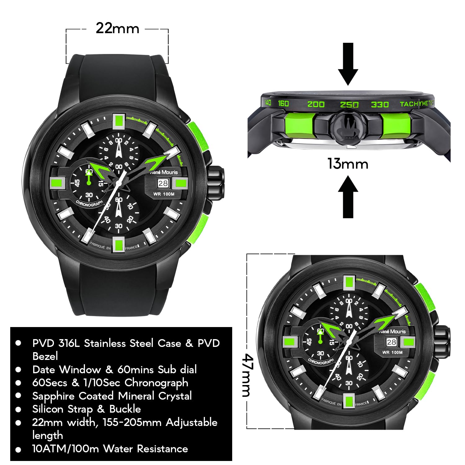 René Mouris Prowler Chronograph Men's Watch - 47MM 316L Stainless Steel Sport Watch with Sapphire Coated Crystal - 100M Waterproof & Silicone Strap - Perfect for Diving, Swimming & Outdoor Activities