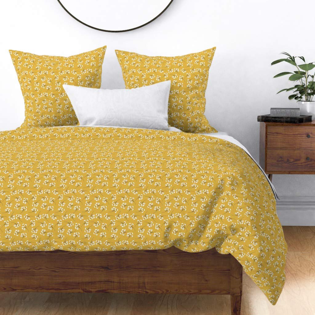 Premium Spoonflower Cotton Sateen Duvet Cover - Full/Queen Size with Golden Poppies Floral Print | Farmhouse Style White & Yellow Custom Bedding for Cozy Bedroom Decor