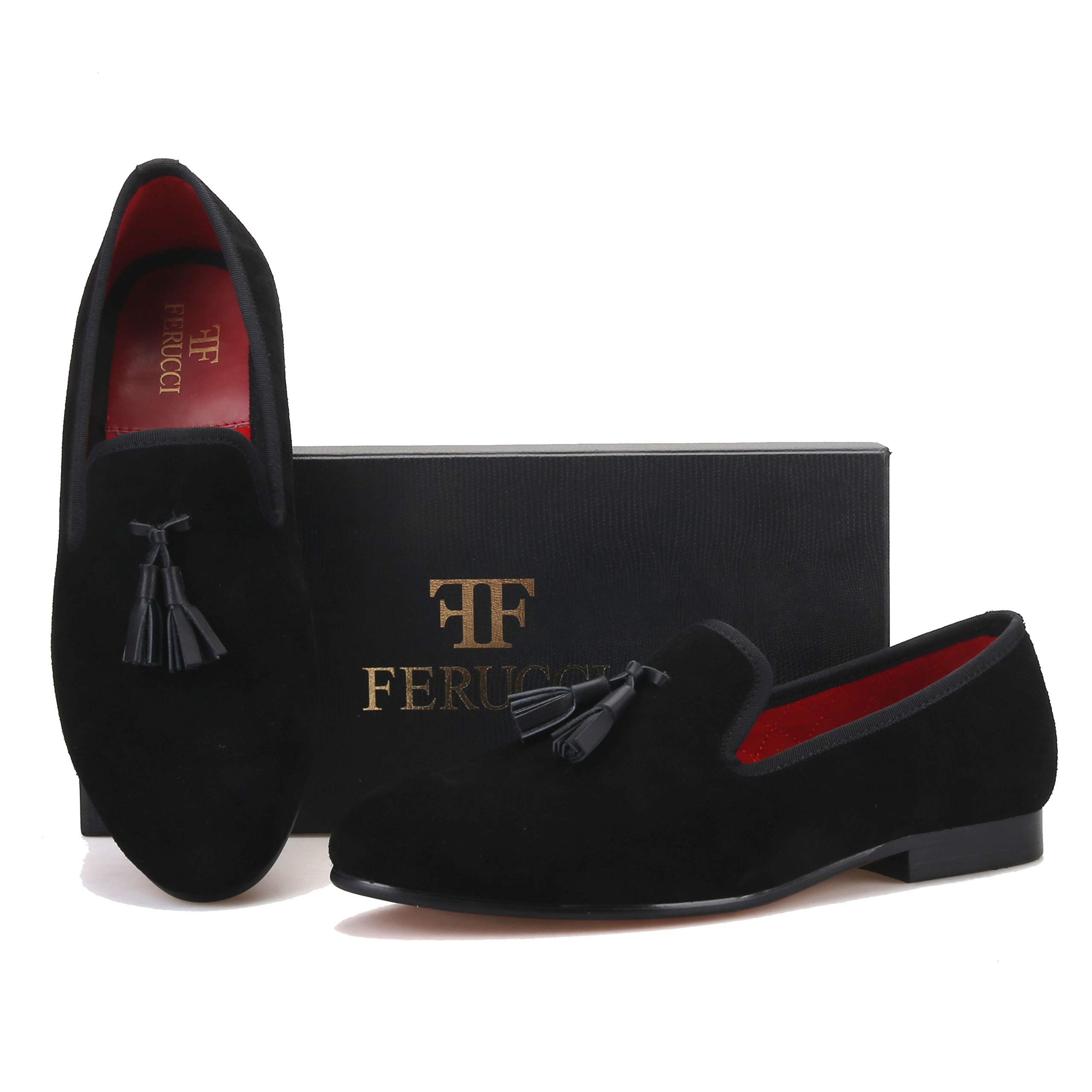 FERUCCI Men's Black Suede Loafers with Leather Tassel - Comfortable House Slippers for Indoor/Outdoor Wear, Perfect for Home, Office & Casual Occasions