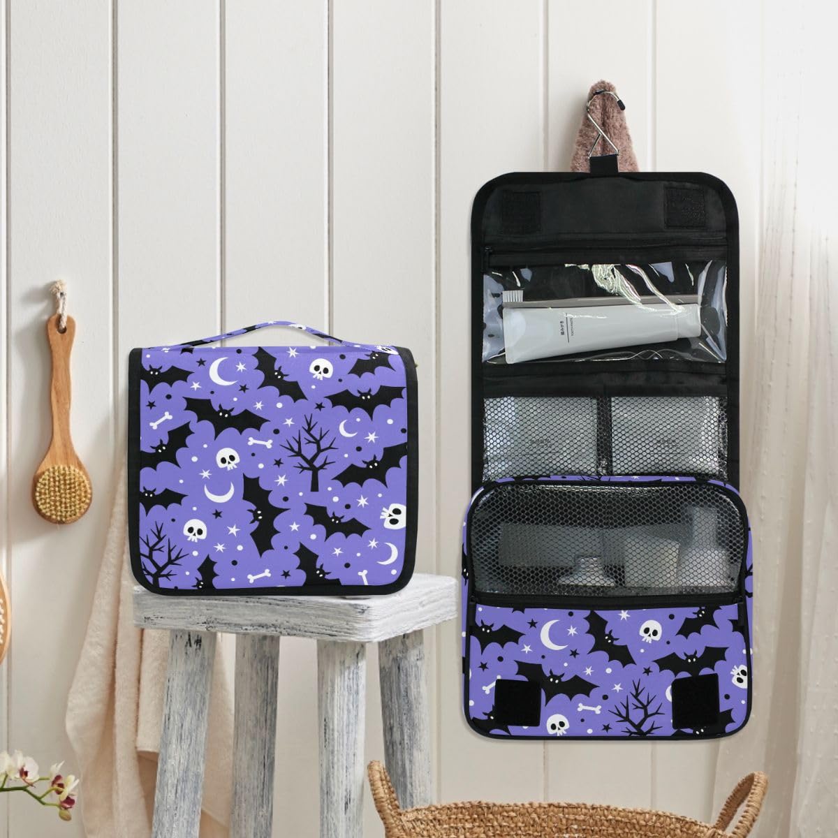 Waterproof Hanging Toiletry Bag for Women Travel - Portable Cosmetic Organizer with Multiple Pockets, Halloween Bat Design Makeup Bag for Bathroom, Camping & Gym Essentials Storage