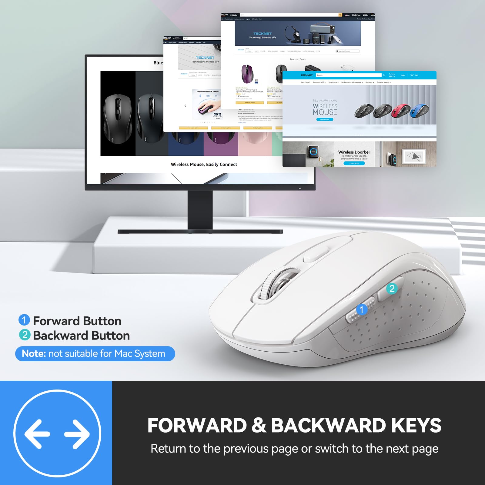 TECKNET Bluetooth Wireless Mouse - 3 Modes (Bluetooth 5.0/3.0 & 2.4G) with USB Nano Receiver, 4000 DPI Optical Tracking, Ergonomic Design for Laptop, MacBook Pro/Air, PC - Perfect for Office, Travel & Home Use (White)