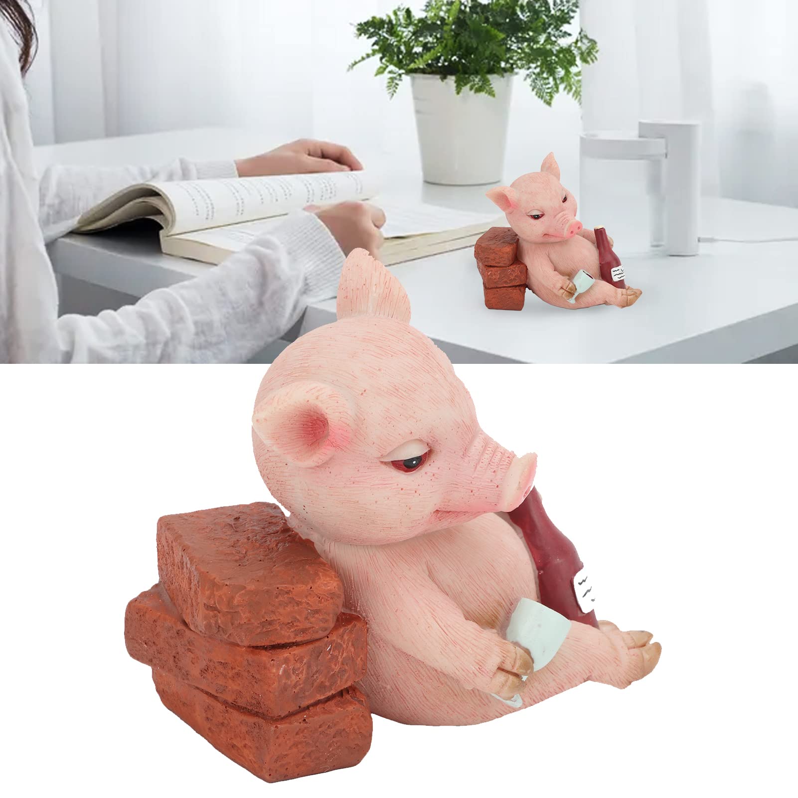 Mini Pig Figurine Statue - Hand Painted Lucky Animal Decor for Home, Office & Garden - Retro Style Drinking Pig Sculpture with Red Eyes - Perfect for Desktop Decor, Micro Landscapes & Gift Giving