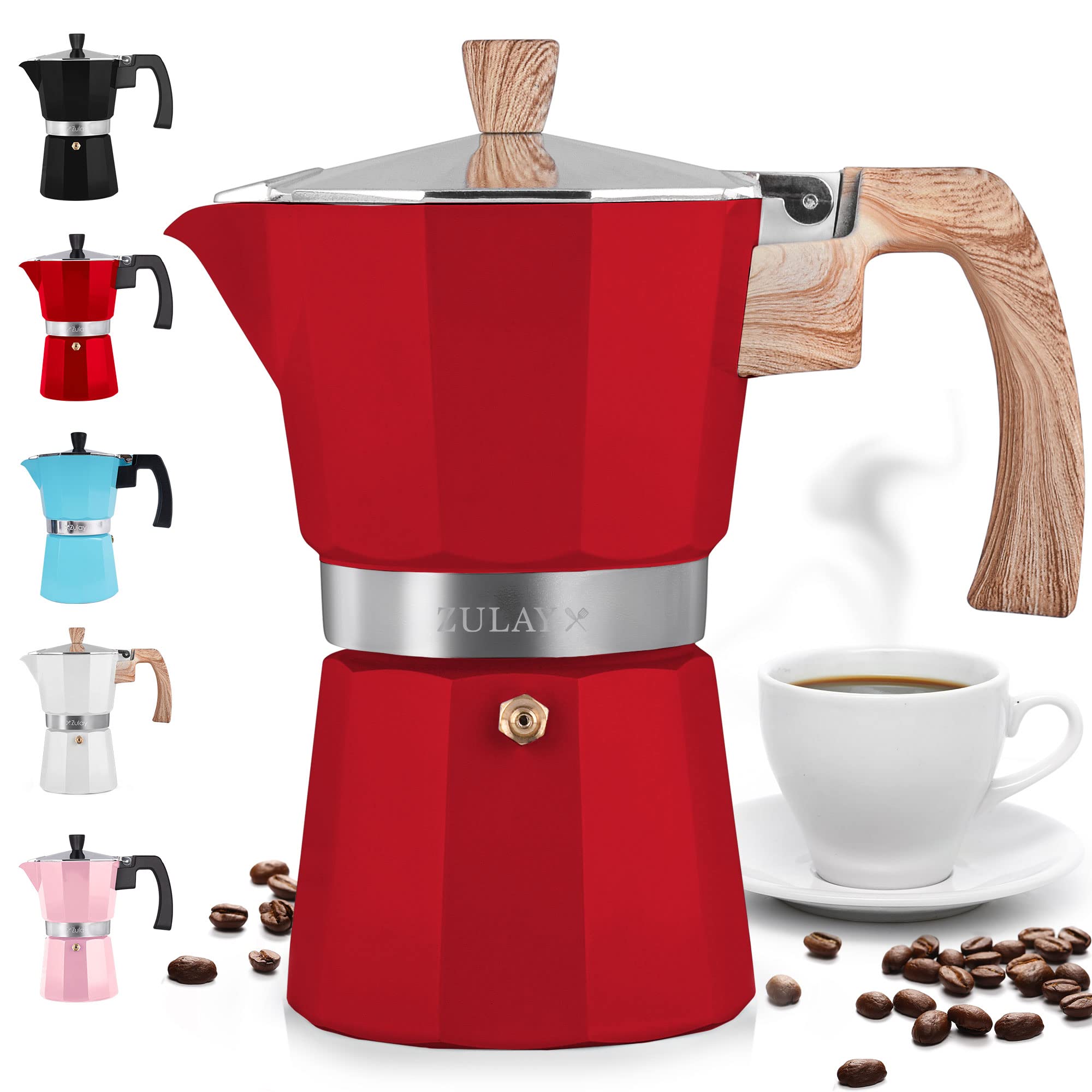 Zulay Stovetop Espresso Maker - 3 Cup Moka Pot for Classic Italian & Cuban Coffee - Portable Percolator for Camping, Travel & Home Use - Stainless Steel Coffee Maker (Red) - Perfect for Outdoor Adventures & Morning Brews