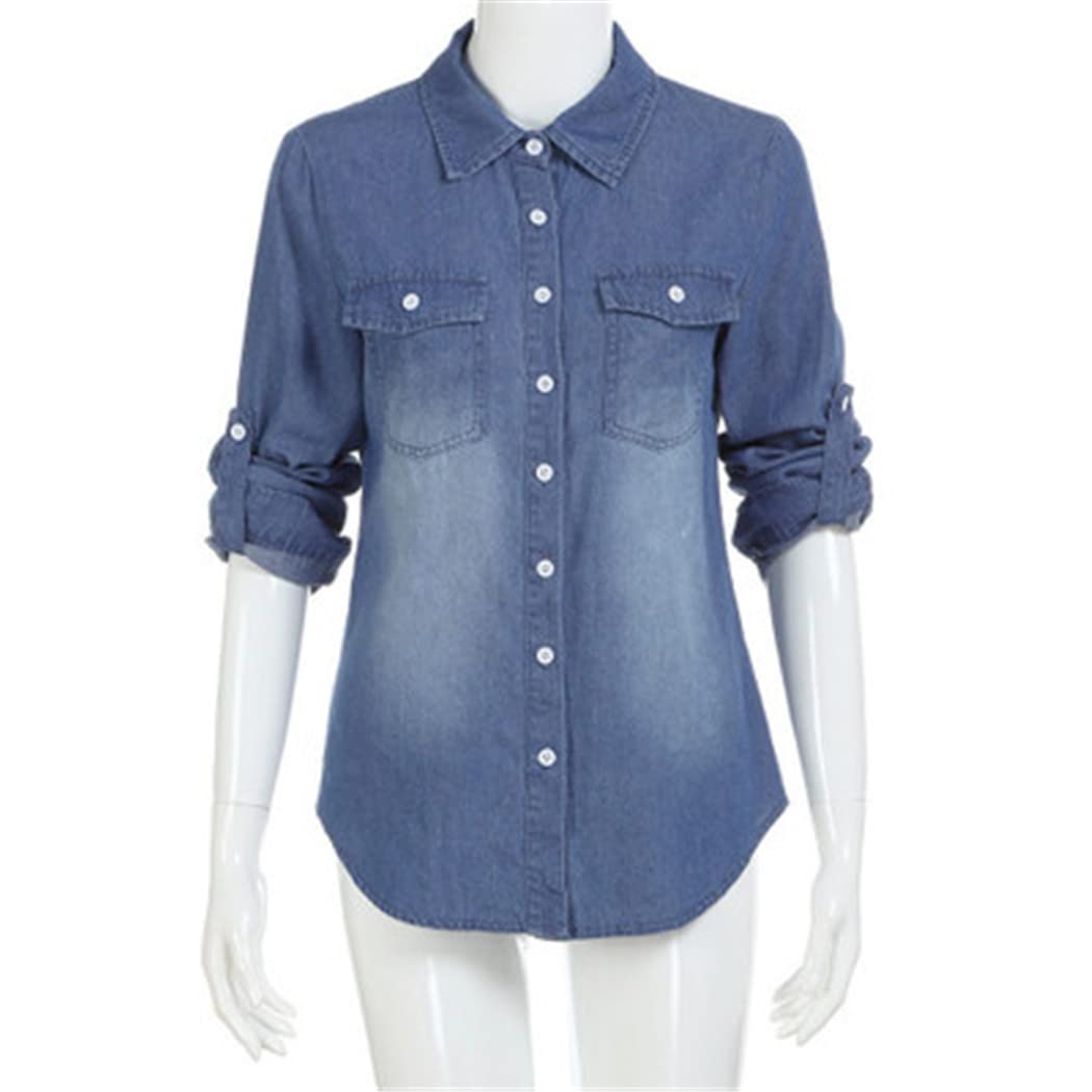 Women's Casual Blue Denim Long Sleeve Shirt Top - Stylish Button Down Blouse Jacket for Everyday Wear, Work & Weekend Outfits