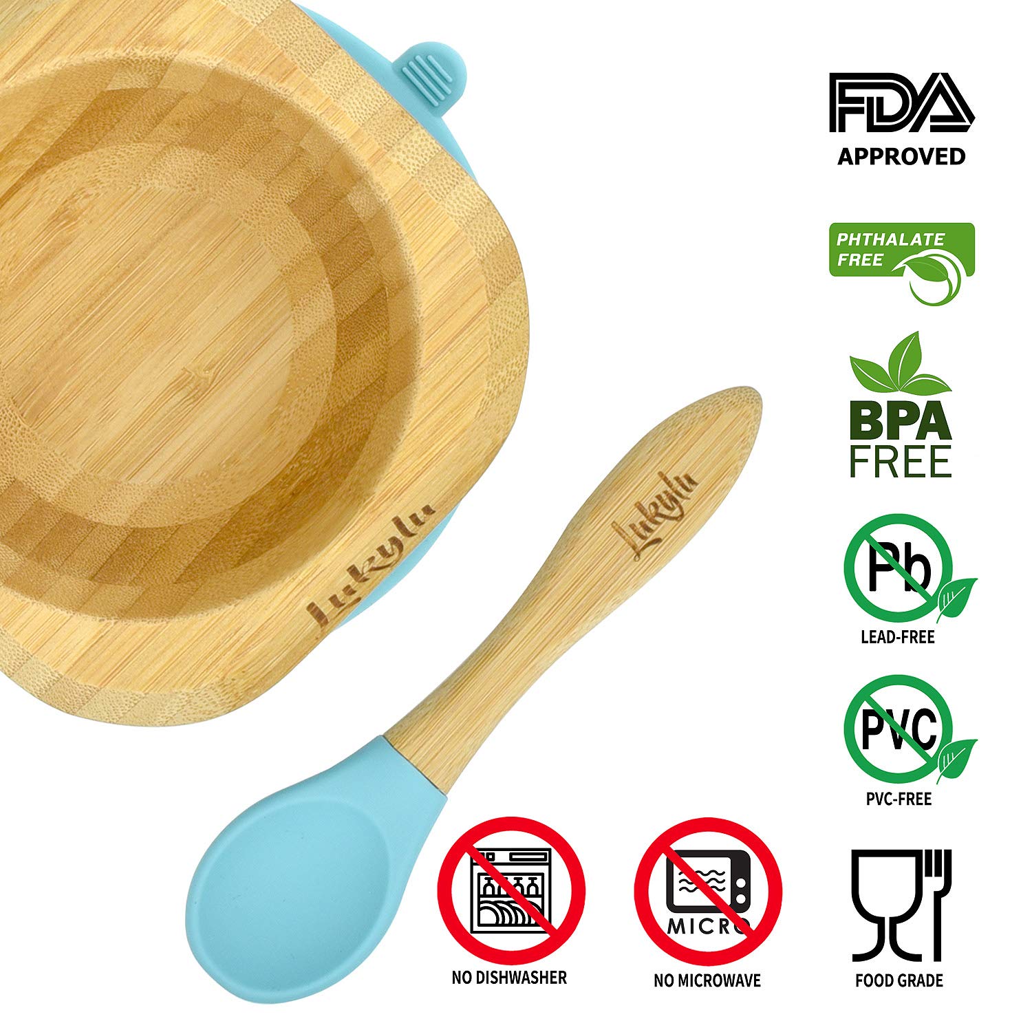 Lukylu 5-Piece Bamboo Baby Suction Plate Set - Non-Slip Toddler Bowls & Dishes for Kids - BPA-Free Training Plates for Babies - Perfect for High Chairs, Travel & Mess-Free Mealtime (Blue)