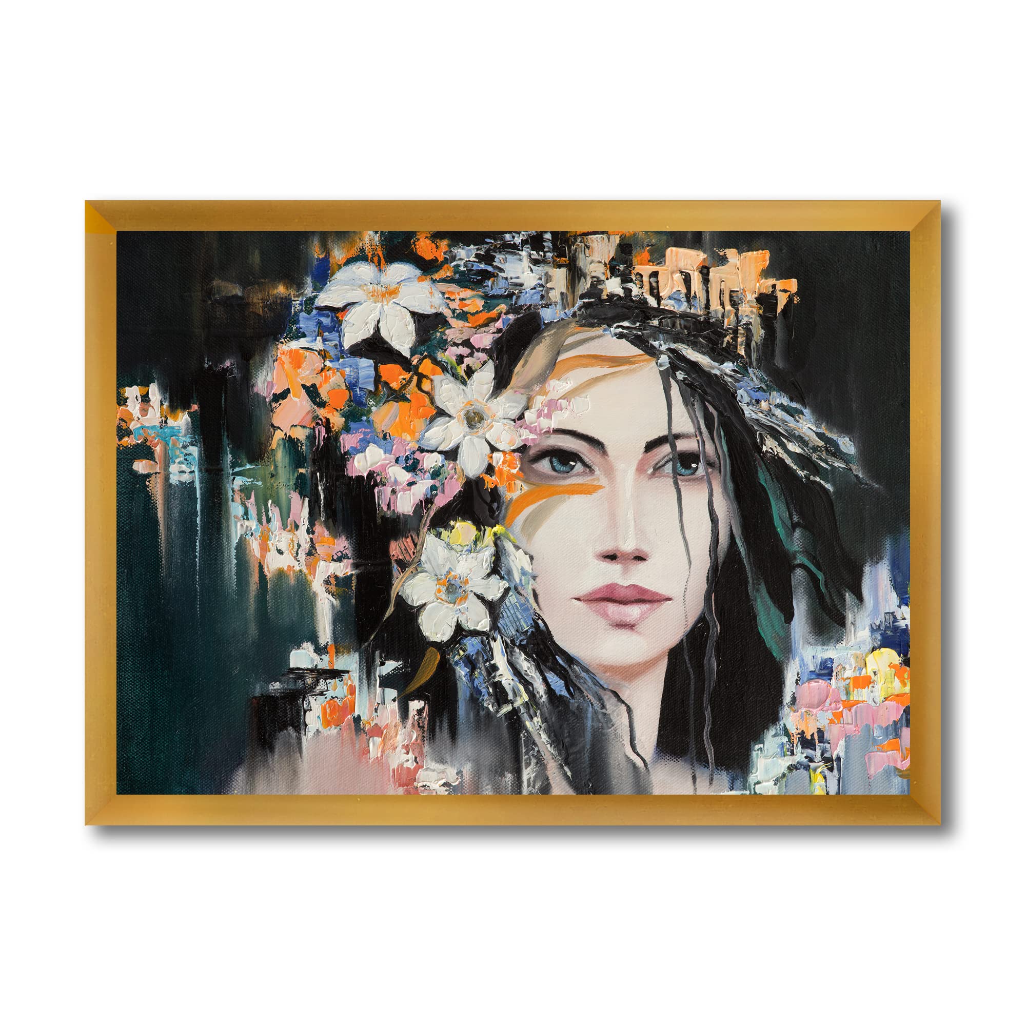 Modern Framed Wall Art - Portrait of a Young Lady with Flowers | Elegant Home Decor for Living Room, Bedroom & Office