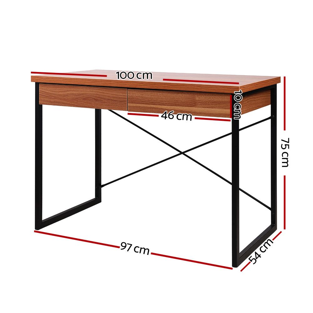 Karl 1000mm Modern Metal Office Desk with Storage Drawer - Walnut Finish for Home Office & Workspace