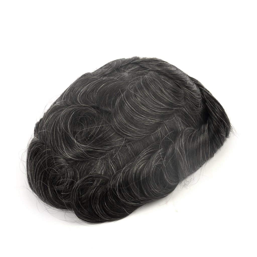 Custom Swiss Lace Base Men's Human Hair Toupee for Hair Loss & Alopecia - Natural Black Brown with 20% Gray (#1B20) | Breathable, Undetectable Hair Replacement System for Daily Wear & Special Occasions