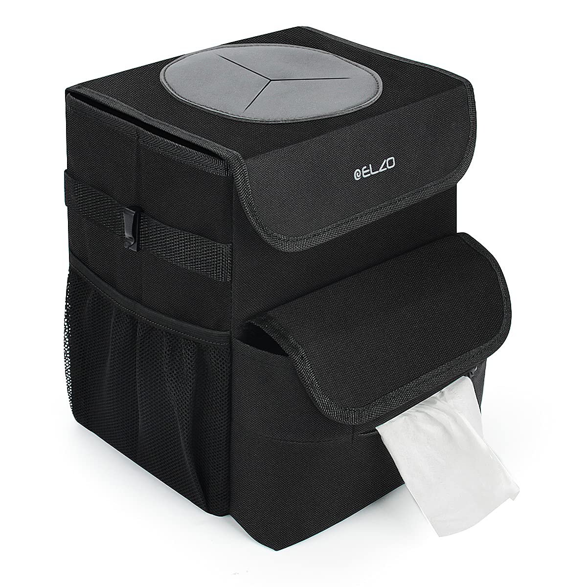 ELZO 2 Gallon Waterproof Car Trash Can with Removable Tissue Holder & 2 Storage Bags - Foldable Leakproof Auto Garbage Bin for Travel, Camping, Road Trips & Office Use
