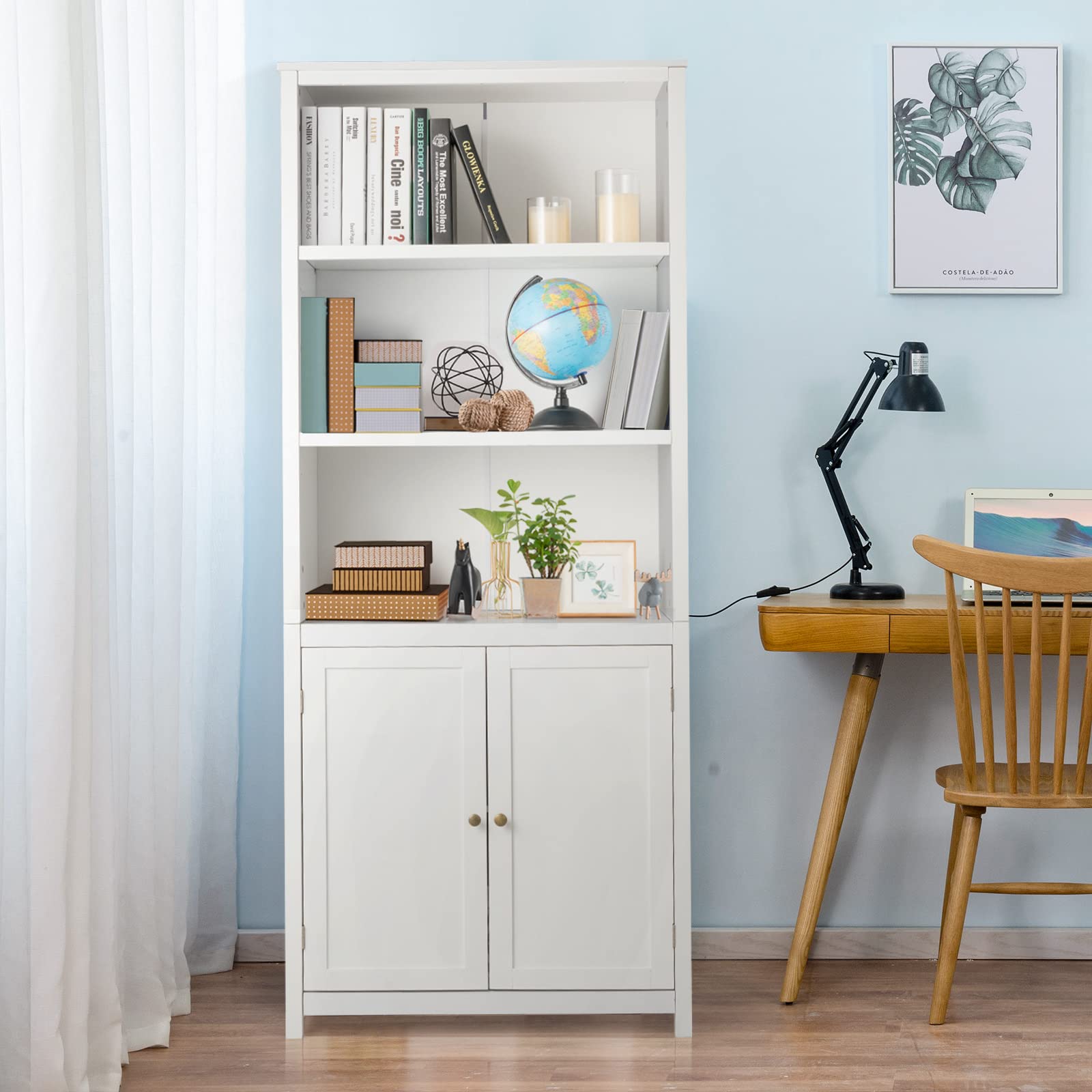 Tangkula 3-Tier Wooden Bookcase with Double Doors - Freestanding Open Shelf Storage for Home Office, Living Room & Library - White Finish (Perfect for Organizing Books, Decor & Essentials)