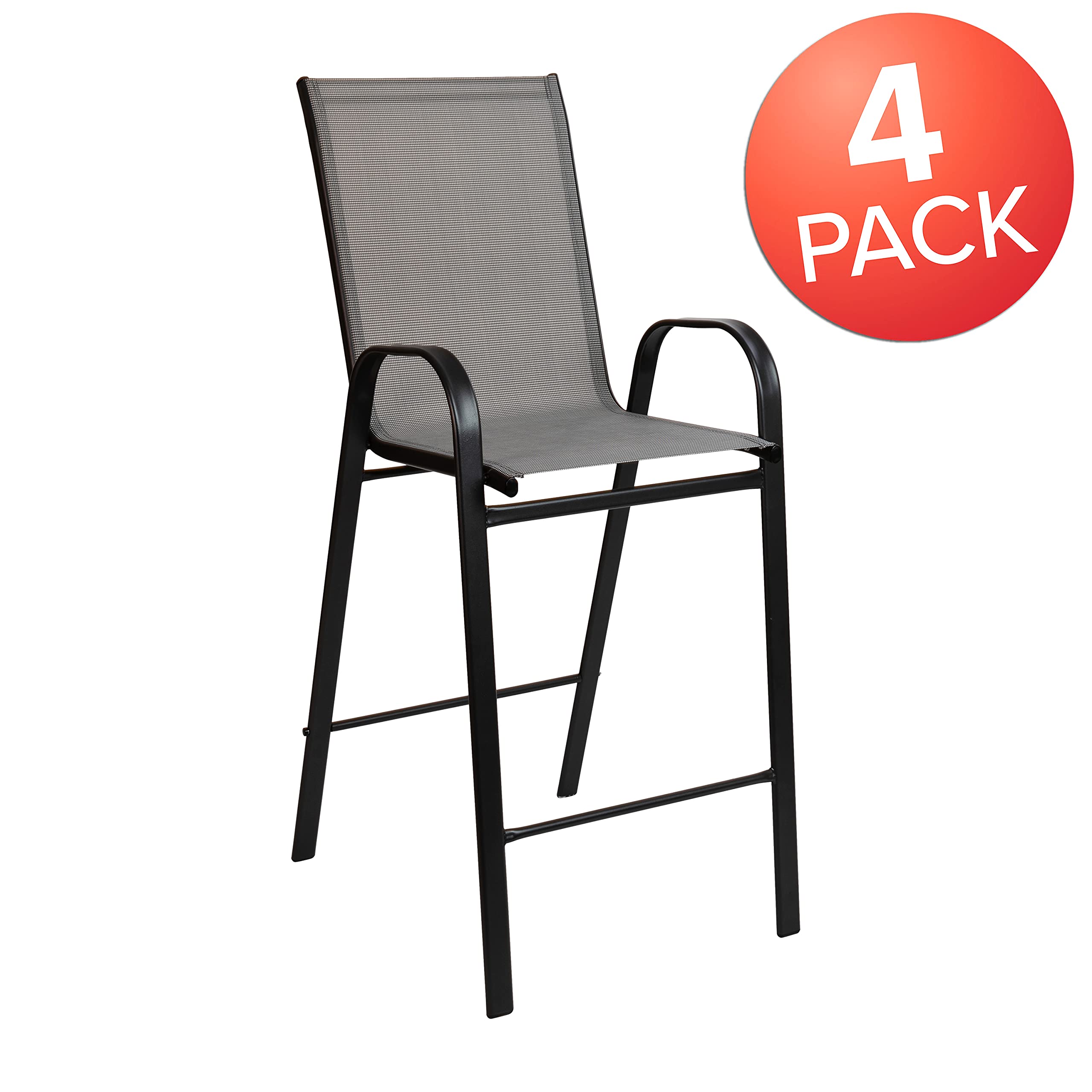 EMMA + OLIVER 4 Pack Gray Outdoor Barstools with Flex Comfort Material - Weatherproof Patio Stools for Backyard, Deck, Poolside & Garden Use