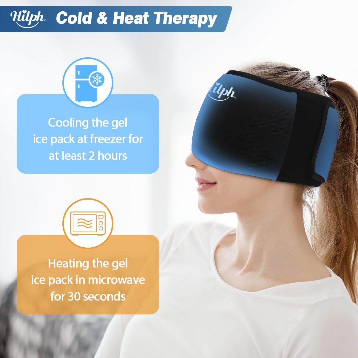 Hilph Adjustable Migraine Gel Ice Pack Head Wrap - Hot & Cold Therapy for Headache, Tension, Stress, Sinus & Hangover Relief - Reusable Black Ice Mask for Sleeping, Working & Relaxing