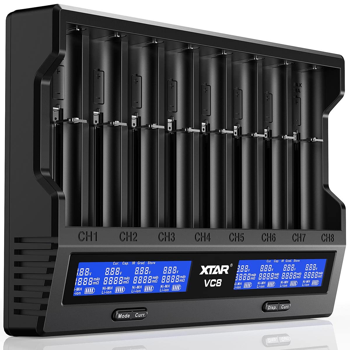 XTAR VC8 8-Bay USB C Battery Charger - 3A Fast Charging, LCD Display for 3.6V/3.7V Li-ion & 1.2V Ni-MH Batteries (Batteries Not Included) | Perfect for Vaping, Flashlights, and Electronic Devices