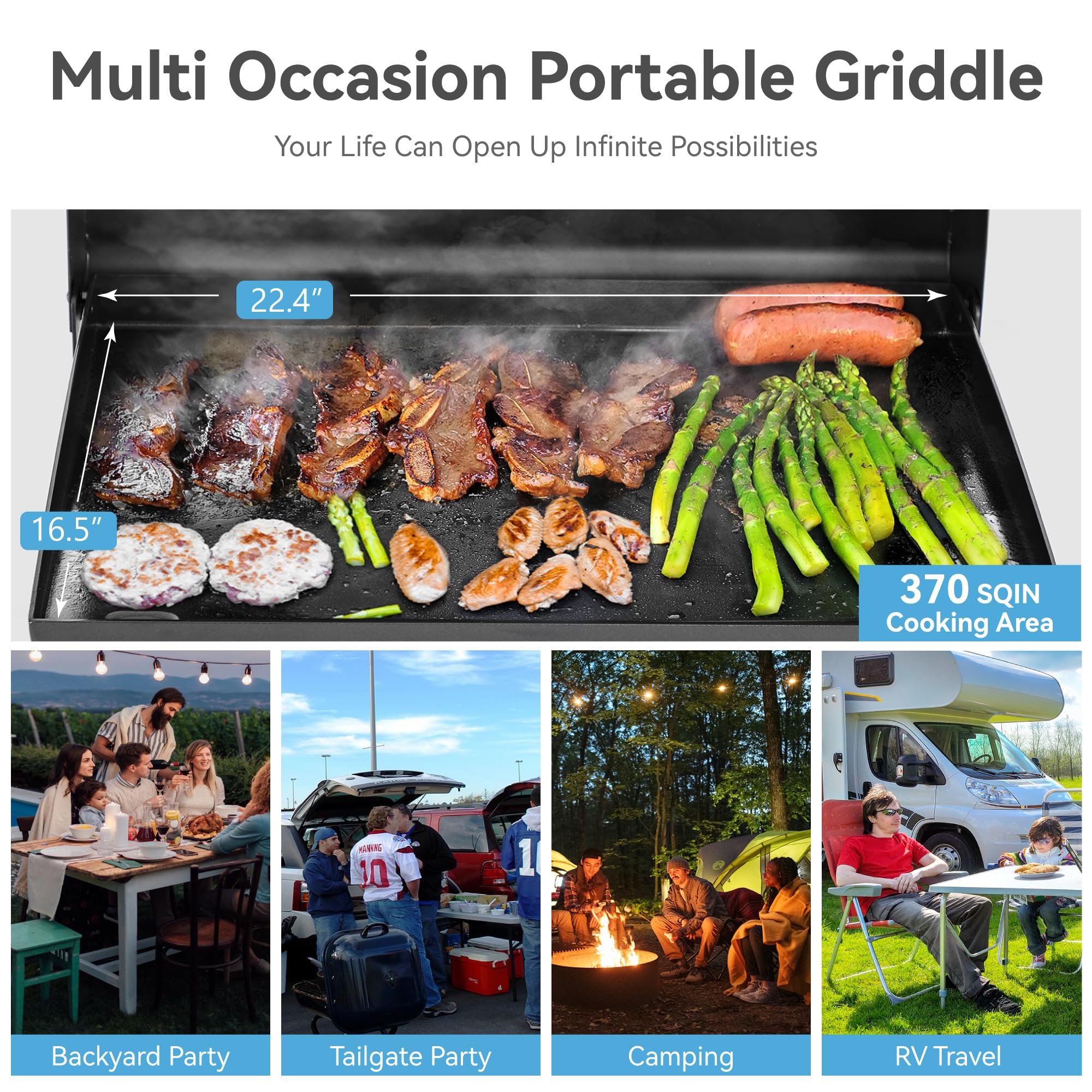 GREEN PARTY 22 Inch Portable Tabletop Griddle with Hood - Ceramic Coated Cast Iron Plate, 3 Burner Flat Top Grill for Outdoor Cooking, BBQ, Camping & Tailgating | Perfect for Backyard Parties, Picnics & RV Trips