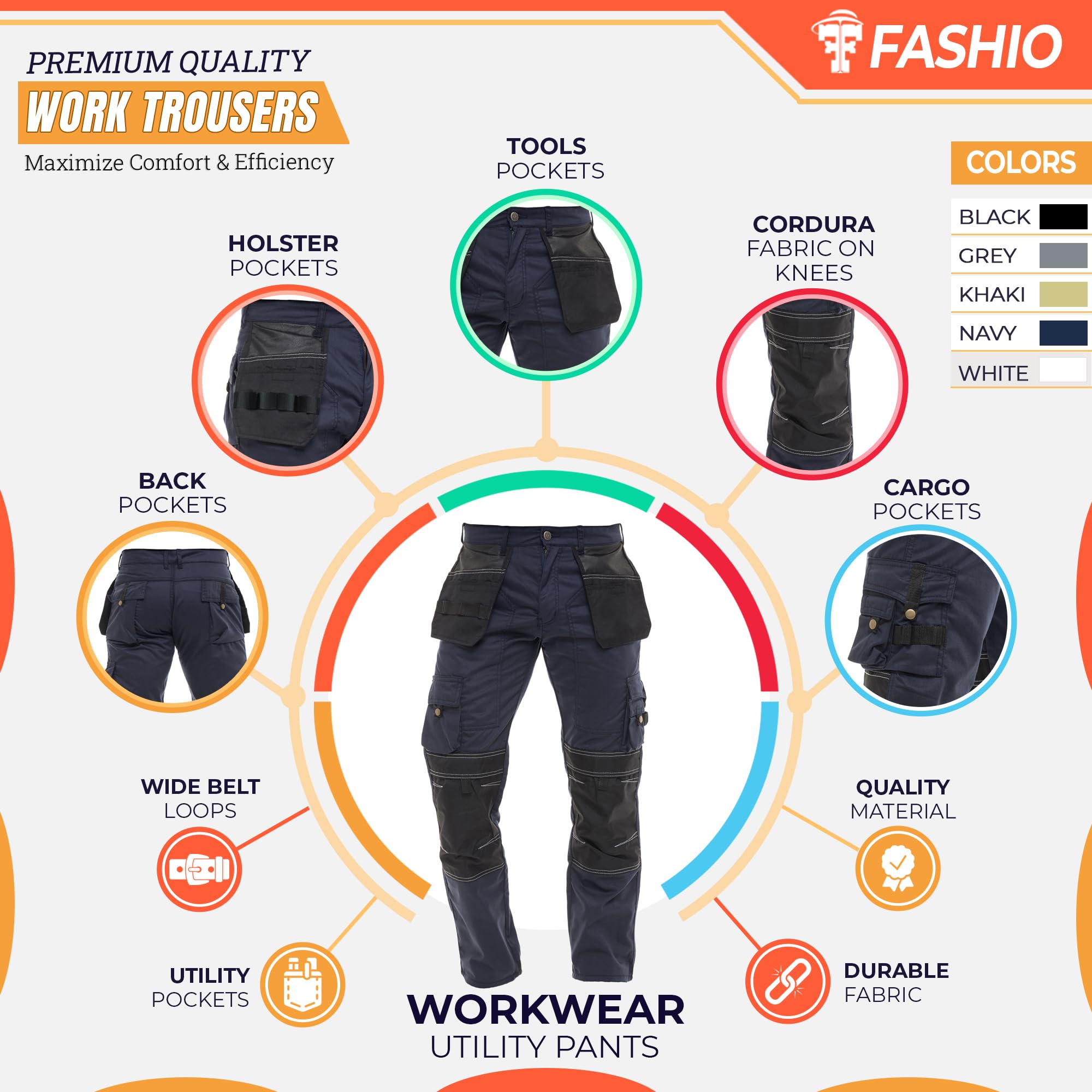 FASHIO FF Men's Cordura Tactical Work Pants with Utility Tool Pockets - Heavy Duty Reinforced Carpenter Safety Trousers for Construction, Outdoor & DIY Projects