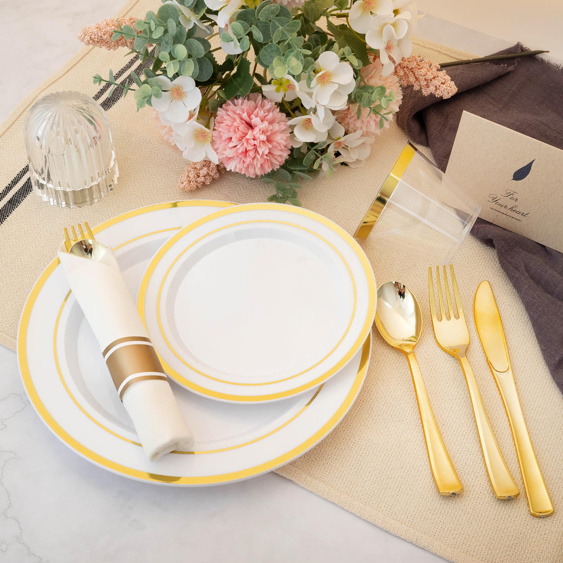 350-Piece Gold Plastic Dinnerware Set for 50 Guests - Disposable Plates, Cups, Napkins & Silverware for Parties, Weddings & Events - Elegant Gold Tableware (50 Dinner Plates, 50 Dessert Plates, 50 Cups, 50 Pre-Rolled Napkins with Cutlery) - Perfect for Birthday Celebrations, Bridal Showers & Holiday Gatherings