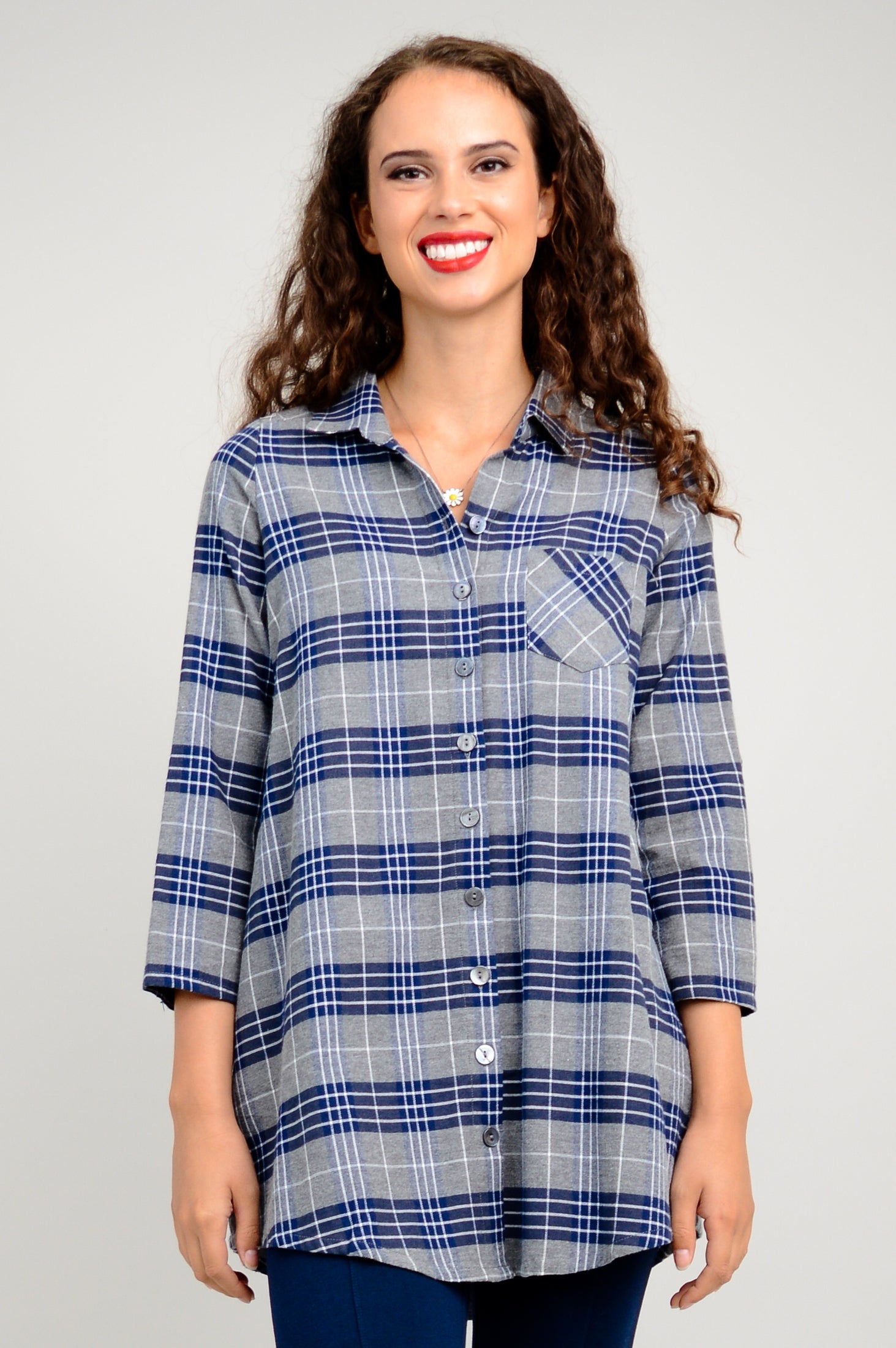 Celine Women's Cotton Flannel Tunic Top - Spruce Plaid Print - Cozy Fall & Winter Shirt for Casual Wear, Office & Holiday Outfits