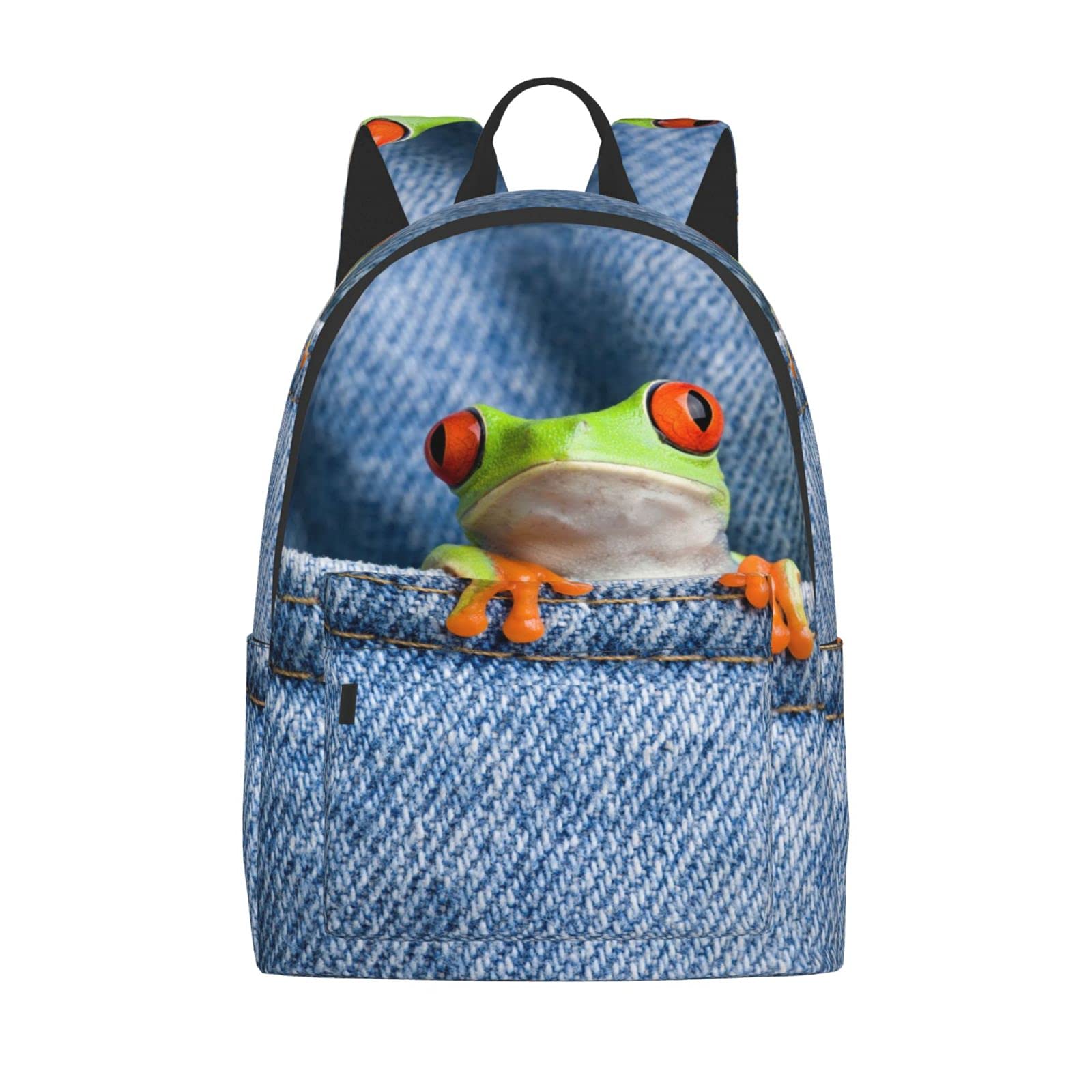 FeHuew 16 Inch Cute Frog Print Laptop Backpack - Stylish School Bookbag with Jeans Pocket for Travel & Daily Use | Perfect for College, Work & Outdoor Adventures