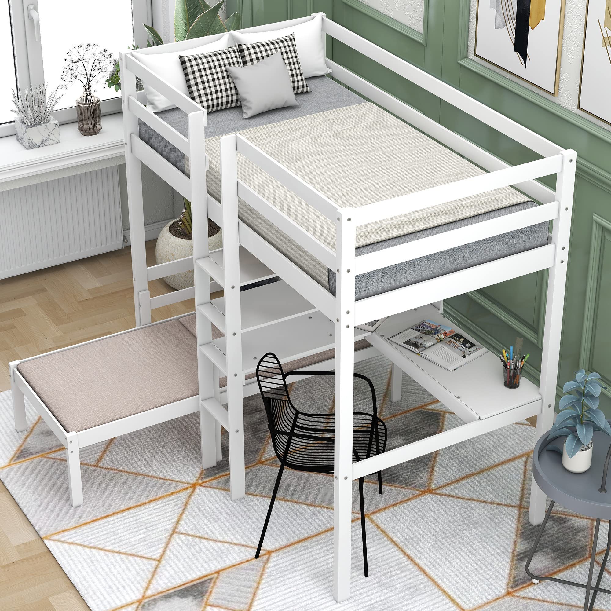 Harper & Bright Designs White Twin Loft Bed with L-Shaped Desk & Shelves - Convertible Bunk Bed Frame with Ladder - Space Saving Kids Bedroom Furniture for Small Rooms & Dorm Rooms
