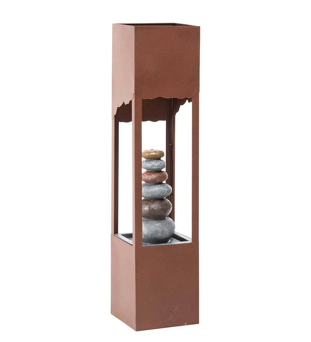 Freestanding Electric Lighted Fountain with River Rock Cairn & Planter for Indoor/Outdoor Decor - Perfect for Garden, Patio, or Home Decoration