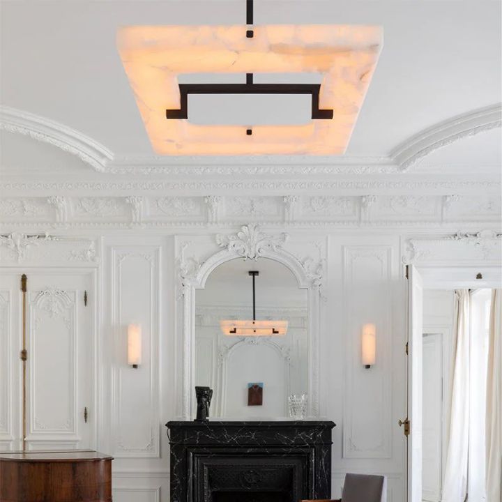 Modern Square Alabaster Chandelier - Elegant Ceiling Light Fixture for Dining Room, Living Room & Bedroom | Dimmable LED Lighting for Home Decor